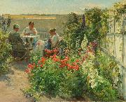 Knud Bergslien Blomstrende haveeksterir med tre kvinder ved et bord oil